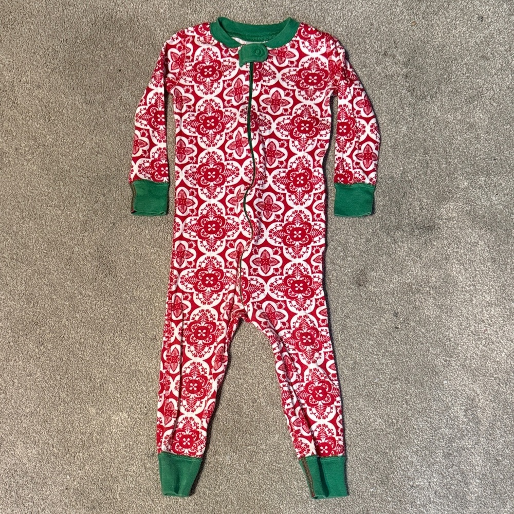 Hanna Andersson Red Holiday Print Full Zip Open Footie Pajamas Size 18-24 M